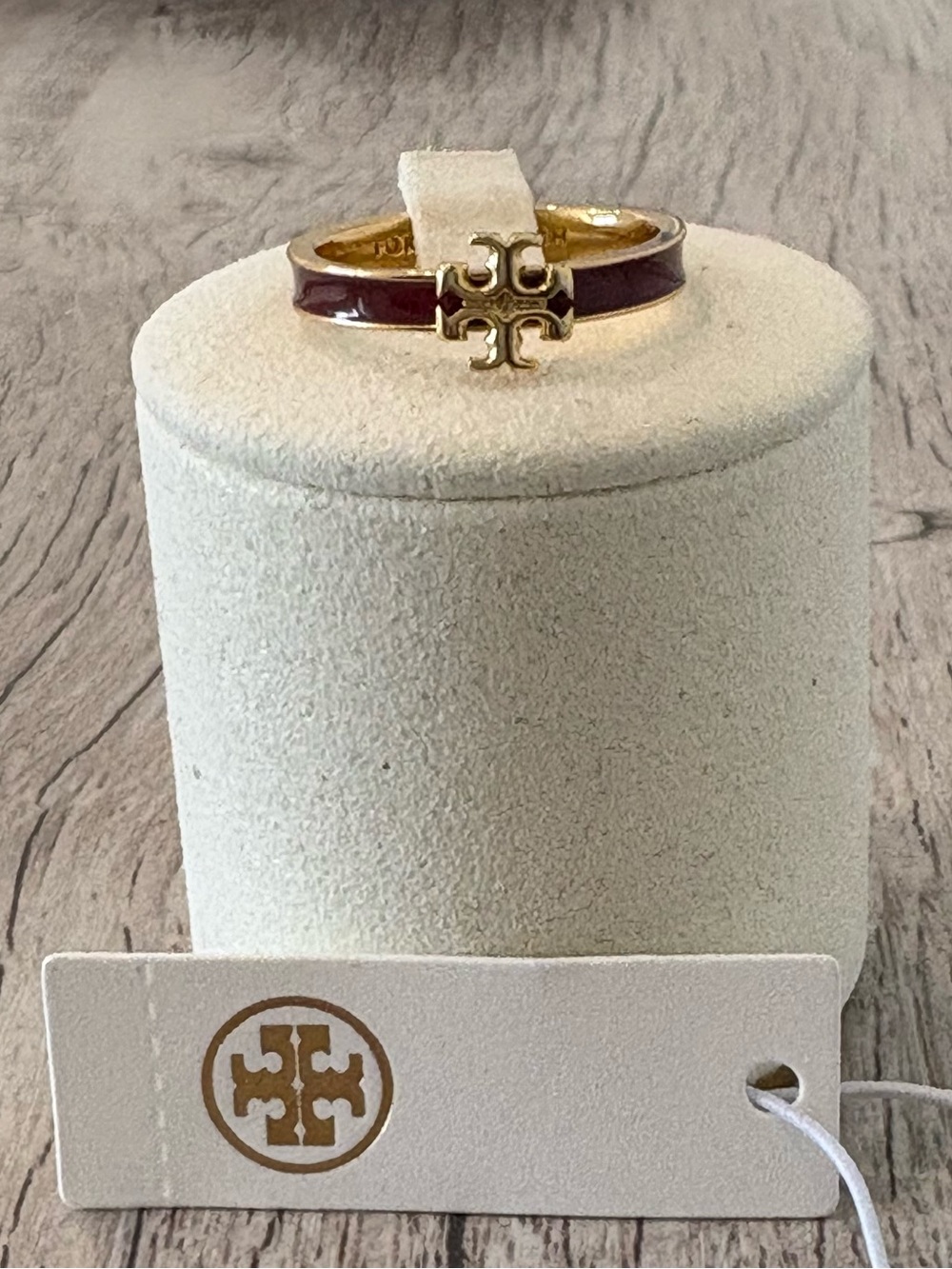 Tory Burch Burgundy Enamel Logo Ring